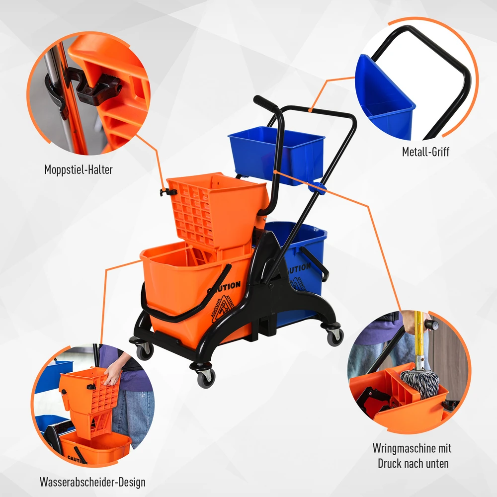 Aosom Valymo vežimėlis su šluostės kibiru, 26 l, plastikas, metalas, oranžinis, 78 x 45 x 95 cm