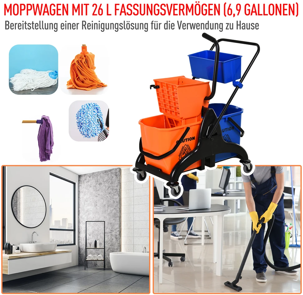 Aosom Valymo vežimėlis su šluostės kibiru, 26 l, plastikas, metalas, oranžinis, 78 x 45 x 95 cm