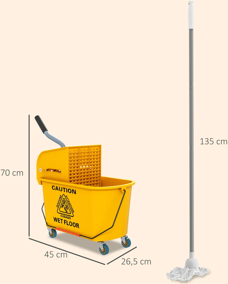 Aosom Valymo vežimėlis su spaustuvu, 20 l, geltonas, plastikas, 45 x 26,5 x 70 cm