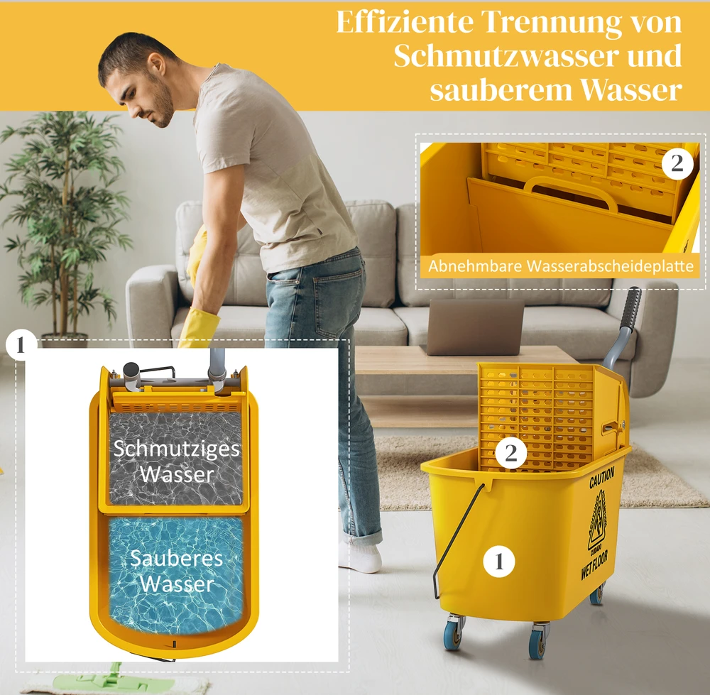 Aosom Valymo vežimėlis su spaustuvu, 20 l, geltonas, plastikas, 45 x 26,5 x 70 cm