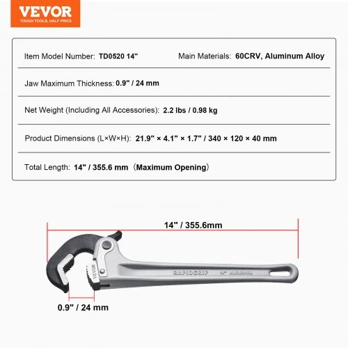 Koduva Vamzdžių raktas VEVOR TD0520, aliuminis, 36 cm, žiočių diapazonas 17-48 mm