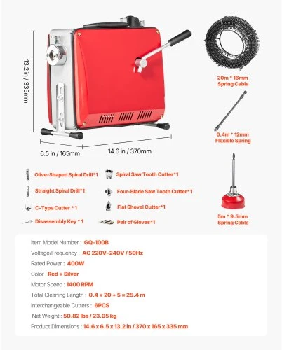 VEVOR Vamzdžių valymo mašina GQ-100B, 400 W, raudona/sidabrinė, su 25,4 m plieniniu spyruokliniu kabeliu, 6 antgaliai, vamzdžiams 50-110 mm
