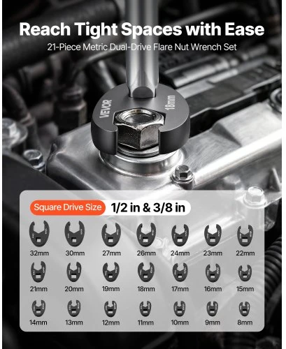 VEVOR Varnos pėdos veržliarakčių rinkinys XMYJBS0021, 21 dalių, 12,7 mm ir 9,5 mm pavarai, 40Cr legiruotas plienas