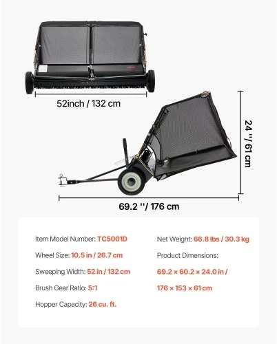 VEVOR Vejos šluota tempiama už traktoriuko TC5001D, 132 cm, 736 l