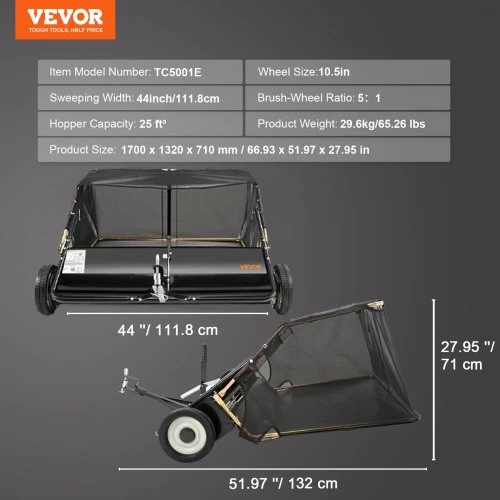 VEVOR Vejos šluota tempiama už traktoriuko TC5001E, 112 cm, 708 l, juoda