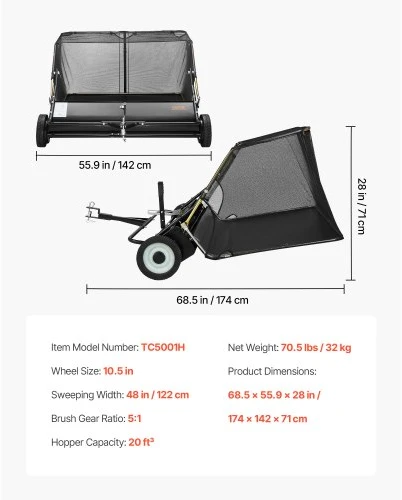 Koduva Vejos šluotuvas tempiamas už traktoriuko VEVOR TC5001H, 122 cm, 566 l, juodas