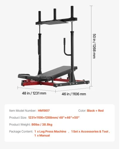 VEVOR Vertikalus kojų preso treniruoklis HM1907, anglinis plienas, juoda / raudona, 127 x 123 x 111 cm, iki 250 kg