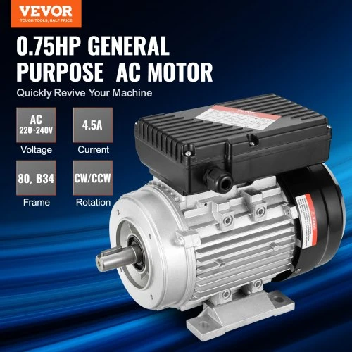 Koduva VEVOR 0,55 kW elektrinis variklis 1400 aps./min., AC 220~240 V, 4,5 A, 80, B34 rėmas, 19 mm rievėtas velenas