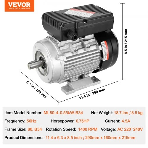 Koduva VEVOR 0,55 kW elektrinis variklis 1400 aps./min., AC 220~240 V, 4,5 A, 80, B34 rėmas, 19 mm rievėtas velenas
