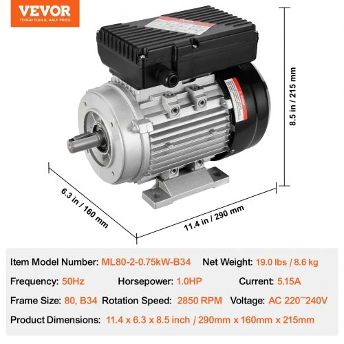 Koduva VEVOR 0,75 kW elektrinis variklis AC 220–240 V, 5,15 A, 80, B34, 19 mm velenas