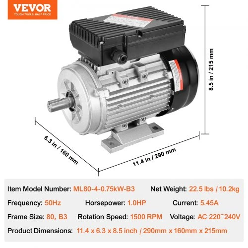 Koduva VEVOR 0,75 kW elektrinis variklis 1400 aps./min, AC 220–240 V, 80 rėmas, B3, 19 mm velenas