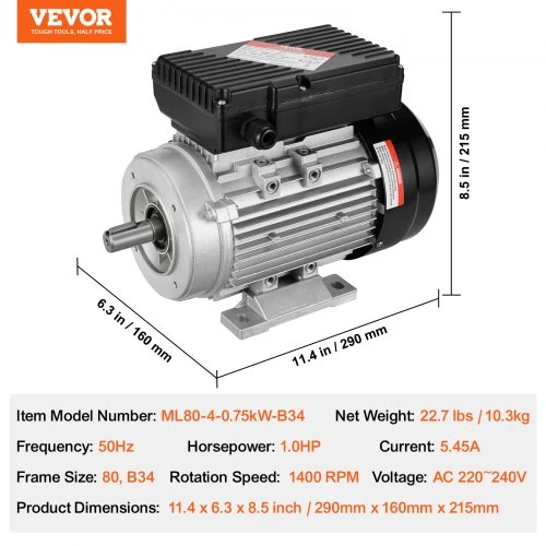 Koduva VEVOR 0,75 kW elektrinis variklis 1400 aps./min, AC 220–240 V, 5,45 A, 80, B34, vienfazis