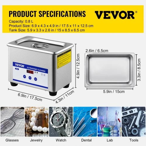 VEVOR 0.8L ultragarsinis valiklis, 35 W, nerūdijantis plienas