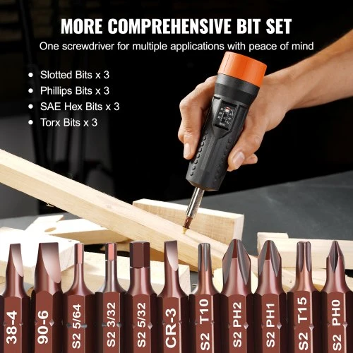 VEVOR 1/4" sukimo momento atsuktuvas, 10–70 in-lbs, 12 antgalių ir dėklas