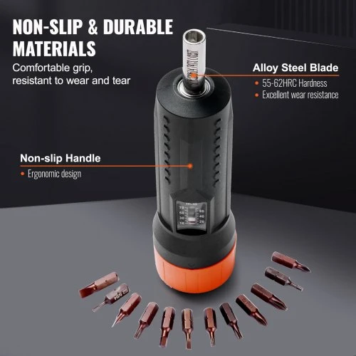 VEVOR 1/4" sukimo momento atsuktuvas, 10–70 in-lbs, 12 antgalių ir dėklas
