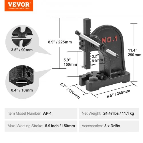 VEVOR 1 tonos rankinis sverto presas, 15 cm maksimalus aukštis