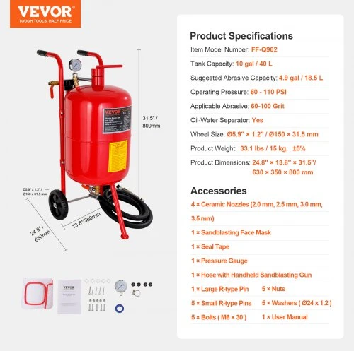 Koduva VEVOR 10 gal / 40 l smėliavimo aparatas su vožtuvu, slėgio matuokliu, keraminiu antgaliu ir 2,5 m žarna