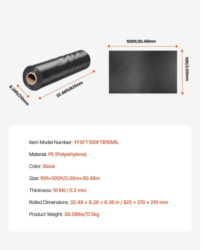 VEVOR 10 mil plastikinė plėvelė, 10 x 100 pėdų, juoda