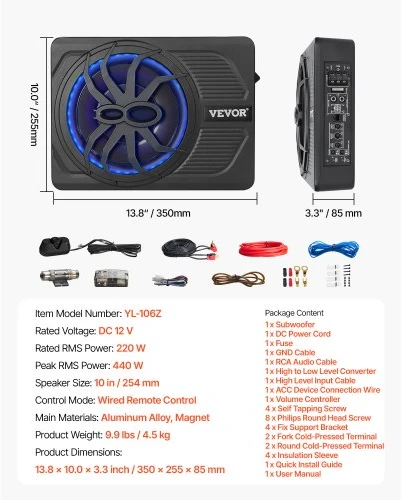 VEVOR 10" po sėdyne automobilio žemų dažnių garsiakalbis, 440 W, plonas, su mėlynu ambientiniu apšvietimu