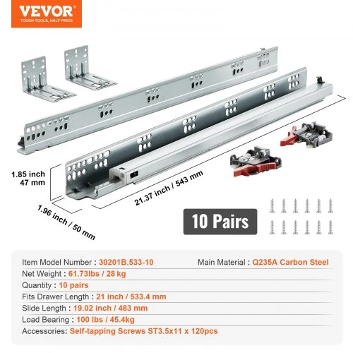 VEVOR 10 porų 533,4 mm stalčiaus bėgelių, šoninio tvirtinimo, su uždarymo mechanizmu, 100 lbs