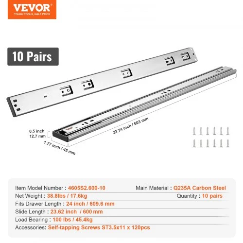 VEVOR 10 porų 609,6 mm stalčių bėgeliai, šoninio montavimo, pilno ištraukimo, minkšto uždarymo, 100 lbs