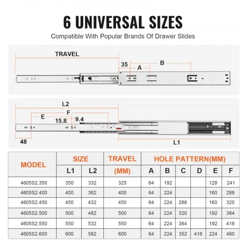 VEVOR 10 porų stalčiaus bėgelių, 406,4 mm, šoninis montavimas, pilnas ištraukimas, tylus uždarymas