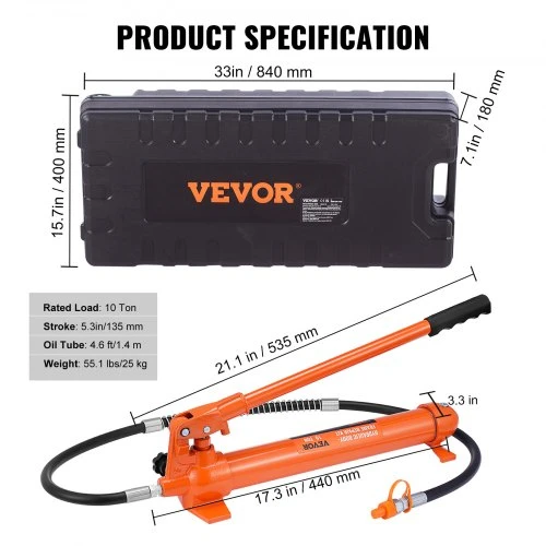 VEVOR 10 tonų porta power rinkinys, hidraulinis cilindras su siurbliu, 1,4 m žarna, su dėže