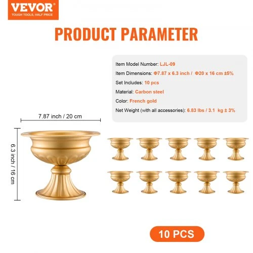 Koduva VEVOR 10 vnt. metalinės vestuvinės vazos kompozicijai, prancūziško aukso, 16 cm, LJL-09