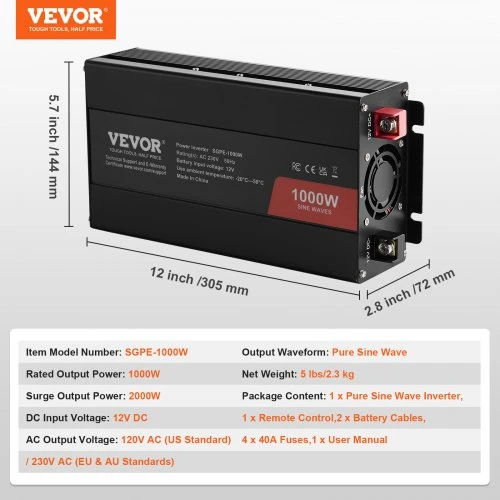 VEVOR 1000 W sinusinis keitiklis, DC 12V į AC 230V, SGPE-1000W