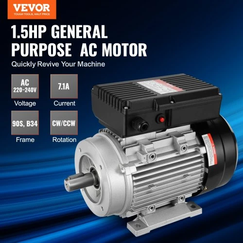 VEVOR 1,1 kW elektrinis variklis AC 220–240 V, 7,1 A, 90S, B34, 24 mm rievėtas velenas