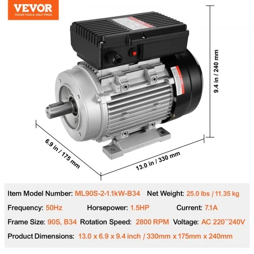 VEVOR 1,1 kW elektrinis variklis AC 220–240 V, 7,1 A, 90S, B34, 24 mm rievėtas velenas