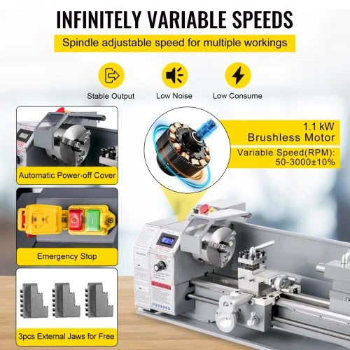 Koduva VEVOR 1100 W mini metalo tekinimo staklės 220 x 750 mm, kintamo greičio, su 3 žandikaulių griebtuvu