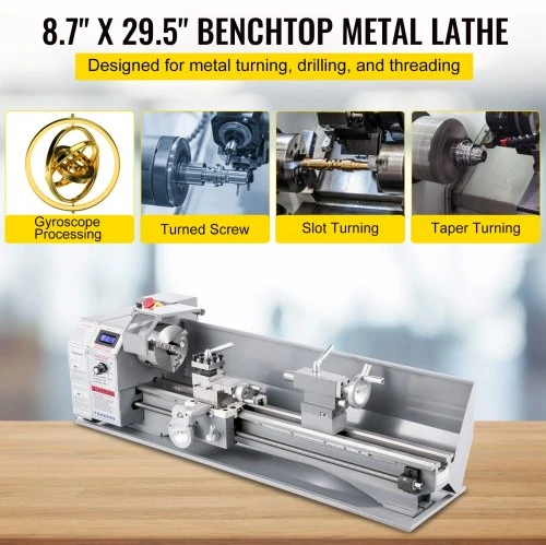 Koduva VEVOR 1100 W mini metalo tekinimo staklės 220 x 750 mm, kintamo greičio, su 3 žandikaulių griebtuvu