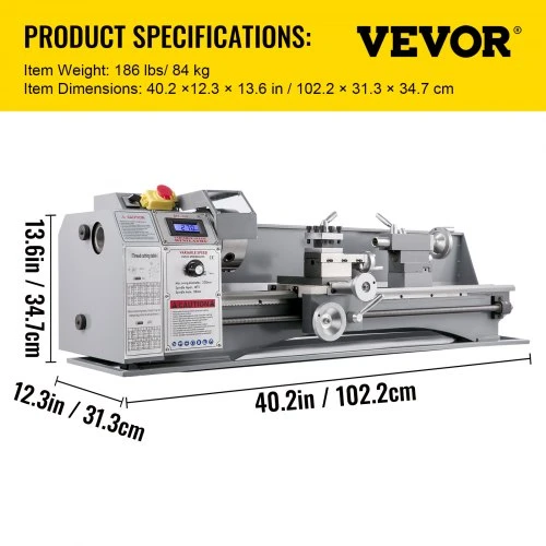 Koduva VEVOR 1100 W mini metalo tekinimo staklės 220 x 750 mm, kintamo greičio, su 3 žandikaulių griebtuvu