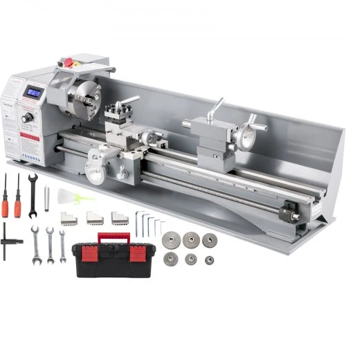 Koduva VEVOR 1100 W mini metalo tekinimo staklės 220 x 750 mm, kintamo greičio, su 3 žandikaulių griebtuvu
