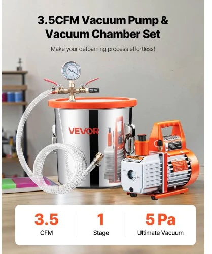 VEVOR 11,36 l vakuuminė kamera su siurbliu, 110 l/min, nerūdijančio plieno, komplektas, 1,5 m žarna, aliejus