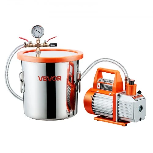 VEVOR 11,36 l vakuuminė kamera su siurbliu, 110 l/min, nerūdijančio plieno, komplektas, 1,5 m žarna, aliejus