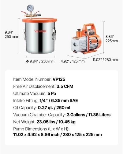 VEVOR 11,36 l vakuuminė kamera su siurbliu, 110 l/min, nerūdijančio plieno, komplektas, 1,5 m žarna, aliejus