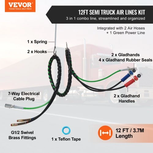 VEVOR 12 ft sunkvežimio oro linijų rinkinys, 2 vnt. „Glad Hands“, 3-in-1 žarnos ir 7 laidų ABS maitinimo linija