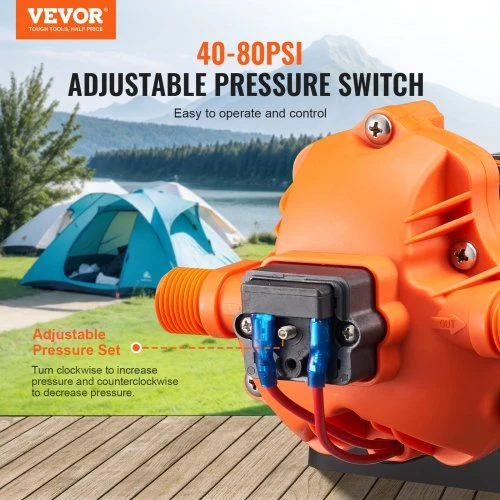 VEVOR 12 V diafragminis siurblys, 1,8 GPM (6,81 l/min), 3 kamerų, automatinis slėgio jungiklis, 12,7 mm (1/2") MNPT