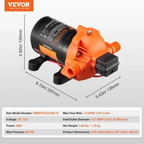 VEVOR 12 V diafragminis siurblys, 1,8 GPM (6,81 l/min), 3 kamerų, automatinis slėgio jungiklis, 12,7 mm (1/2") MNPT