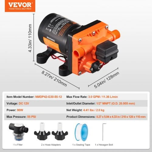 VEVOR 12 V diafragminis siurblys, 3 GPM (11,36 l/min), 4 kamerų, automatinis slėgio jungiklis, 12,7 mm (1/2") MNPT