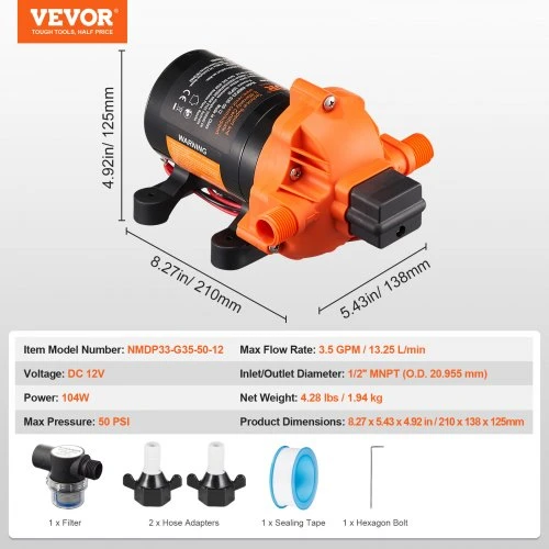 VEVOR 12 V diafragminis siurblys, 3.5 GPM (13,25 l/min), 3 kamerų, 1/2" MNPT, 50 PSI