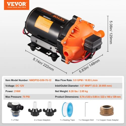 VEVOR 12 V diafragminis siurblys, 5 GPM (18,93 l/min), 5 kamerų, 12 V DC, reguliuojamas slėgis 2,7–6,9 bar