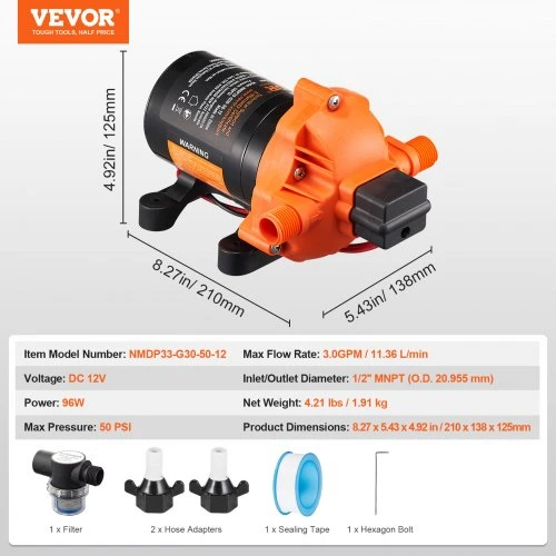 VEVOR 12 V diafragminis siurblys, 3 GPM (11,36 l/min), 3 kamerų DC vandens siurblys su automatiniu slėgio jungikliu