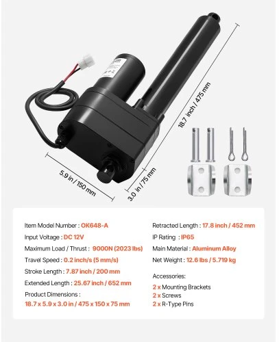 VEVOR 12 V linijinis aktuatorius, 200 mm eiga, 9000 N, IP65, 5 mm/s, su montavimo laikikliais