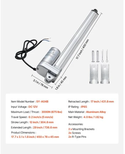 VEVOR 12 V linijinis aktuatorius, 304,8 mm eiga, IP65, 3000 N, 5 mm/s