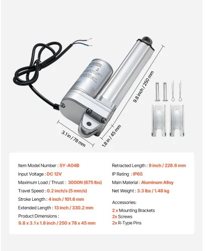 VEVOR 12 V linijinis aktuatorius, 101,6 mm eiga, IP65, 3000 N, 5 mm/s