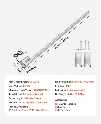 VEVOR 12 V linijinis aktuatorius, 1016 mm eiga, IP65, 3000 N, 5 mm/s, su tvirtinimo laikikliu