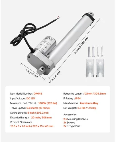 VEVOR 12 V linijinis aktuatorius, 203,2 mm eiga, 15 mm/s, 1000 N, IP54